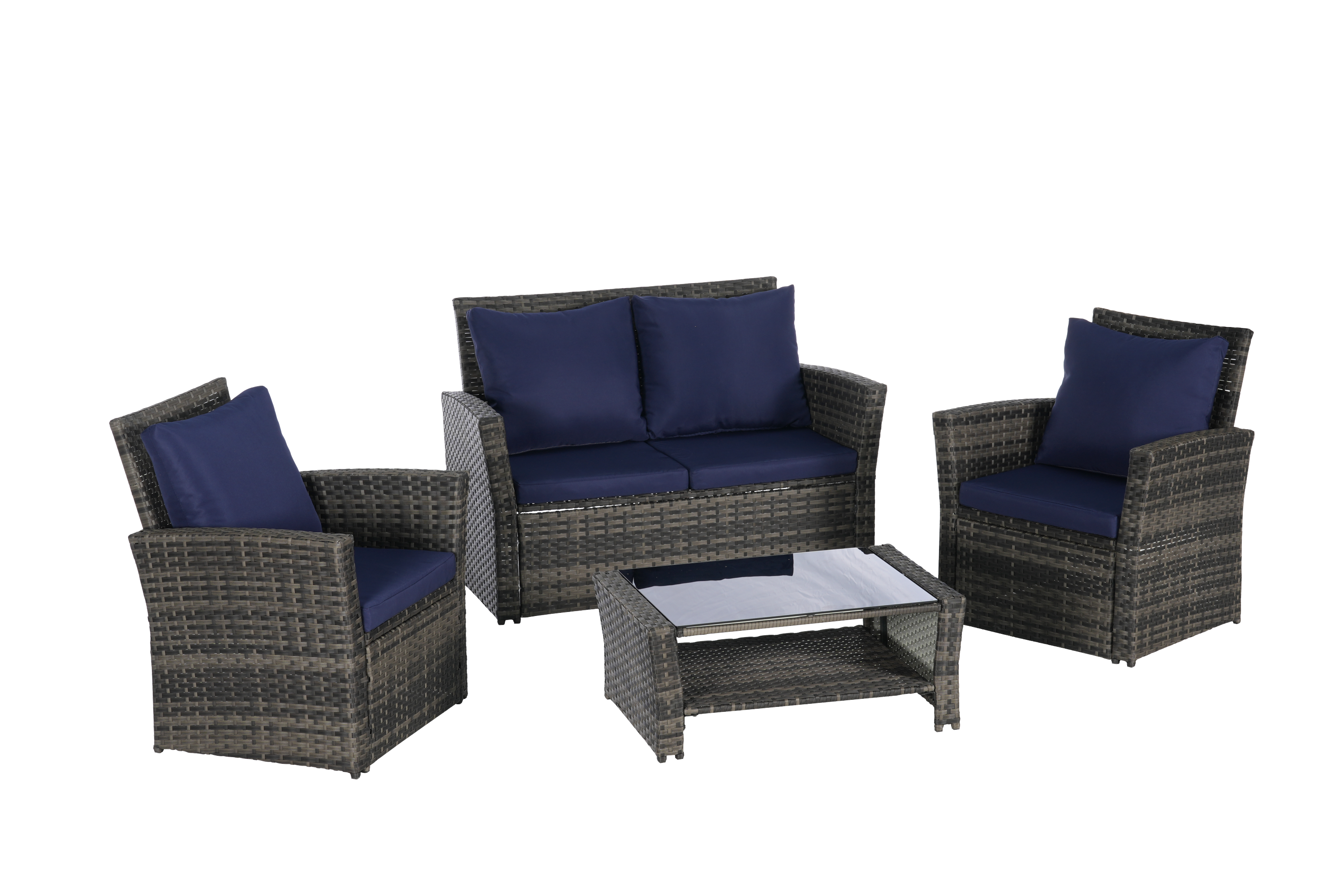 4 Pieces Outdoor Patio Furniture Set with Rattan Chairs and Tempered Glass Table
