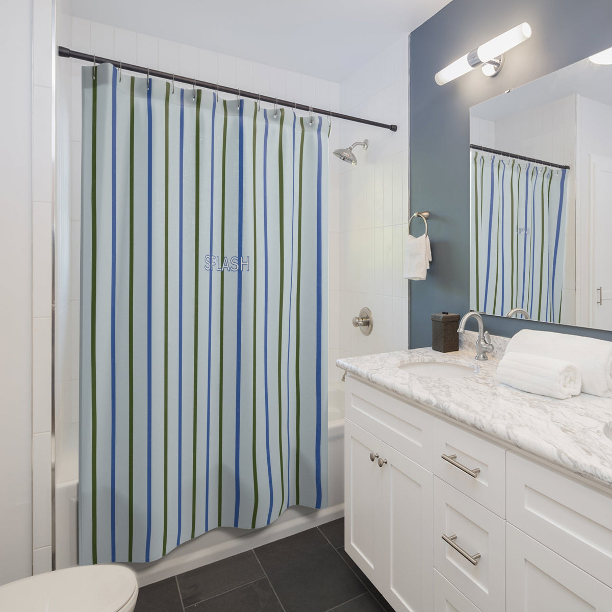 Striped 'SPLASH' Shower Curtain — Coastal Blue & Olive Bath Curtain