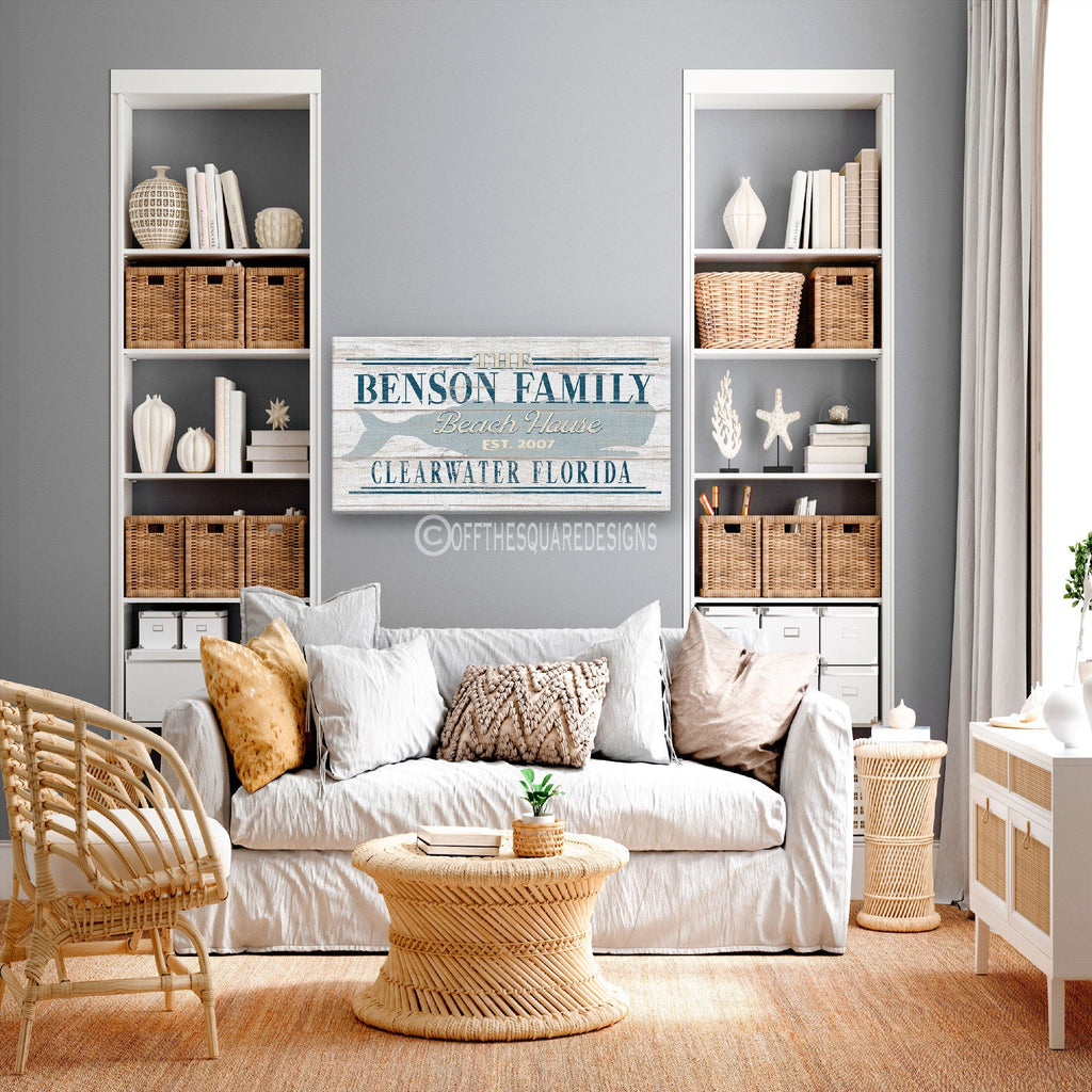 furnitureBeach House Family Name Whale Sign | Personalized Beach House Canvas Wall Decor