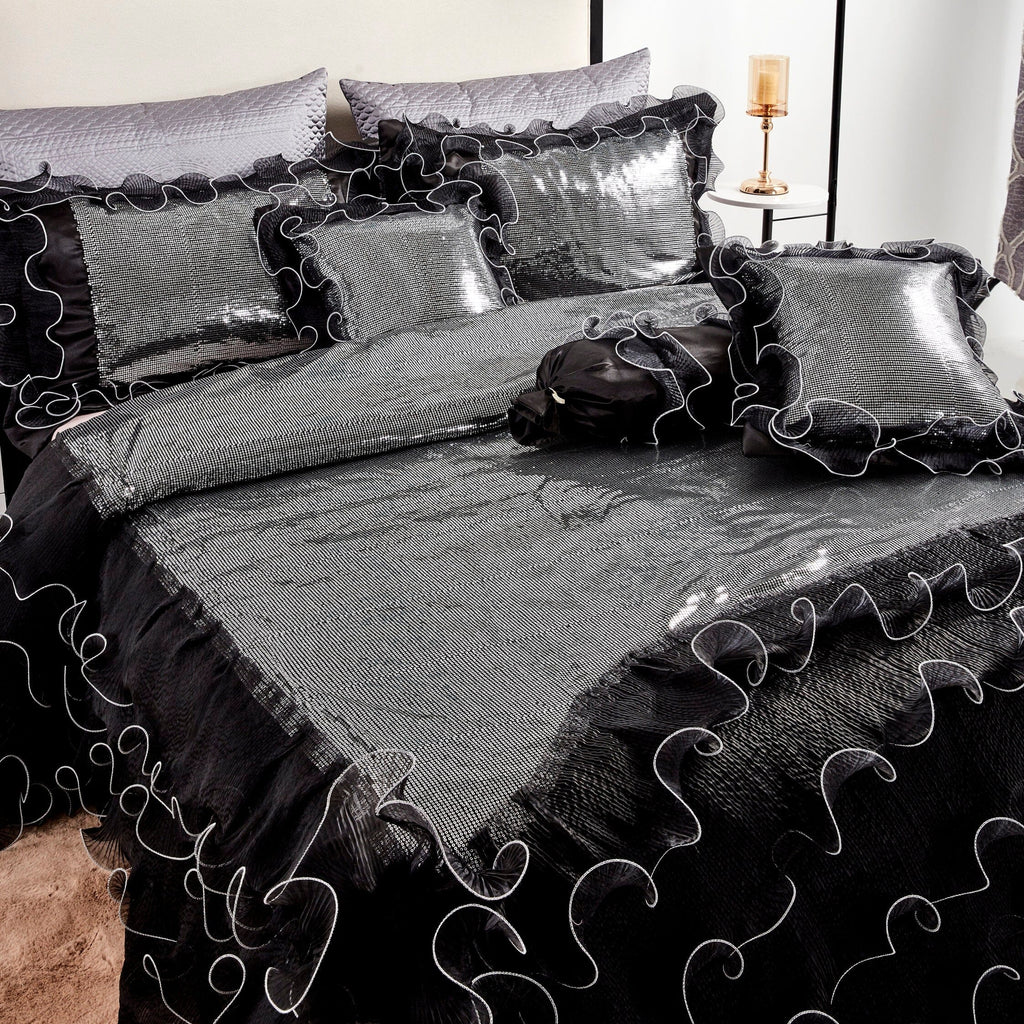 Tache Luxurious Glam Night Out Silver Sequin Black Organza Ruffle 6pc Comforter Set (1622)