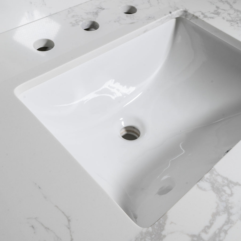 Montary 43x22 bathroom stone vanity top engineered stone carrara white marble color with rectangle undermount ceramic sink and 3 faucet hole with back splash