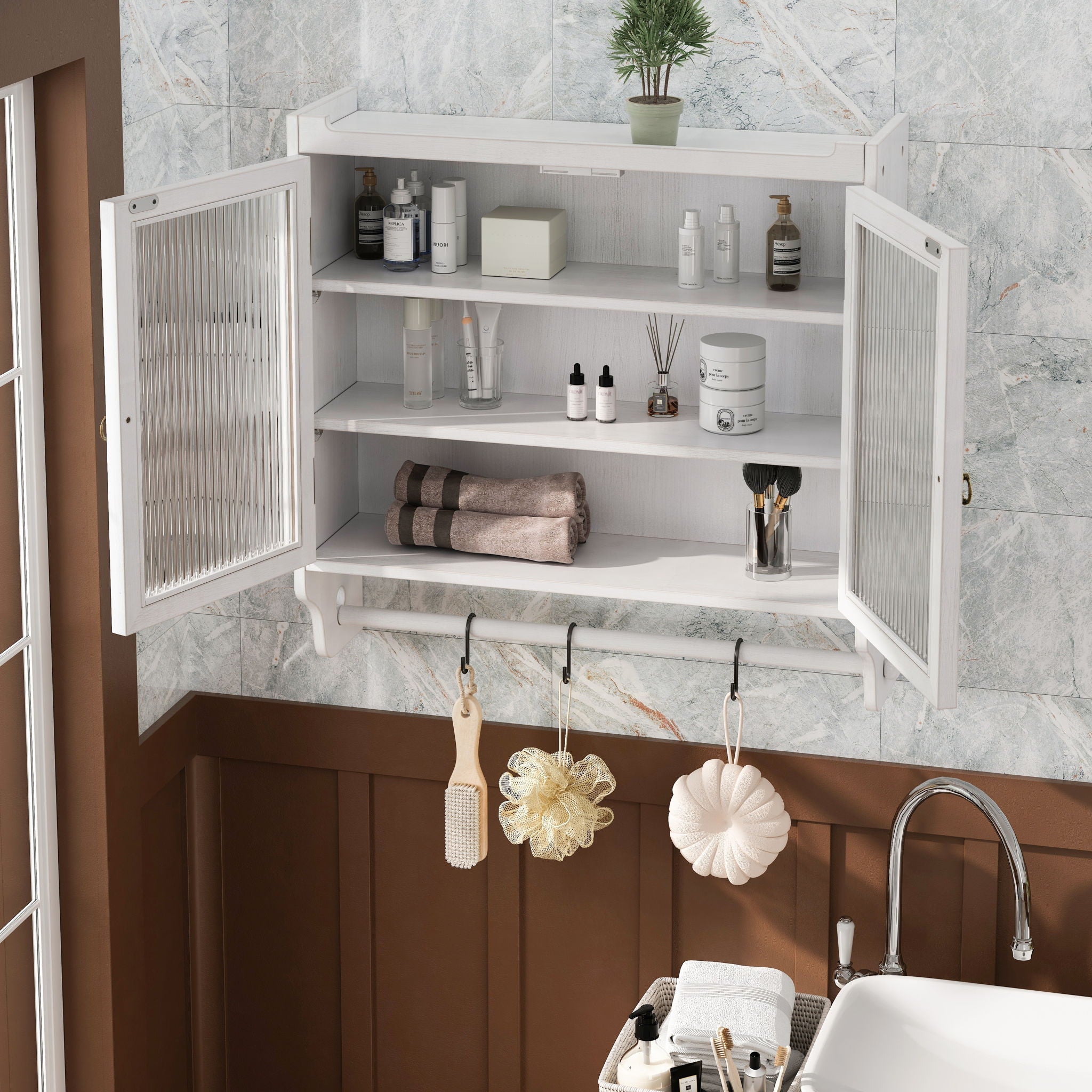Vintage Double Door Wall Cabinet With Three Tiers Storage And Towel Rack - White Washed