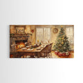 Rustic Christmas dining room scene with a Christmas tree, Framed Canvas Print with a festive table warm fireplace, farmhouse holiday decor