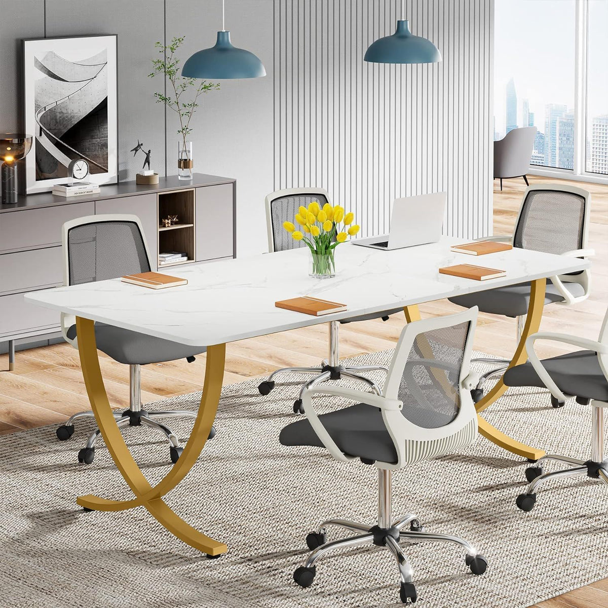 Executive Office Computer Desk For Home Office - White / Gold
