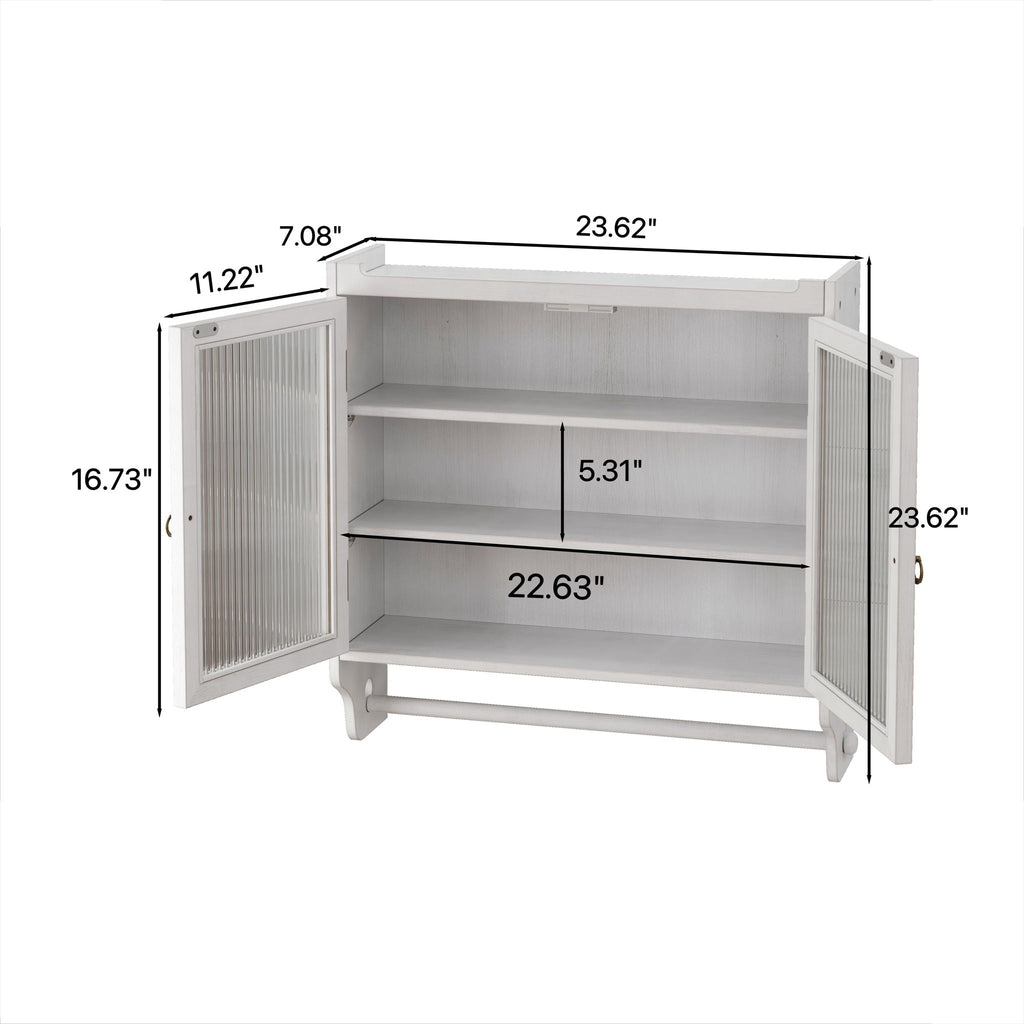 Vintage Double Door Wall Cabinet With Three Tiers Storage And Towel Rack - White Washed
