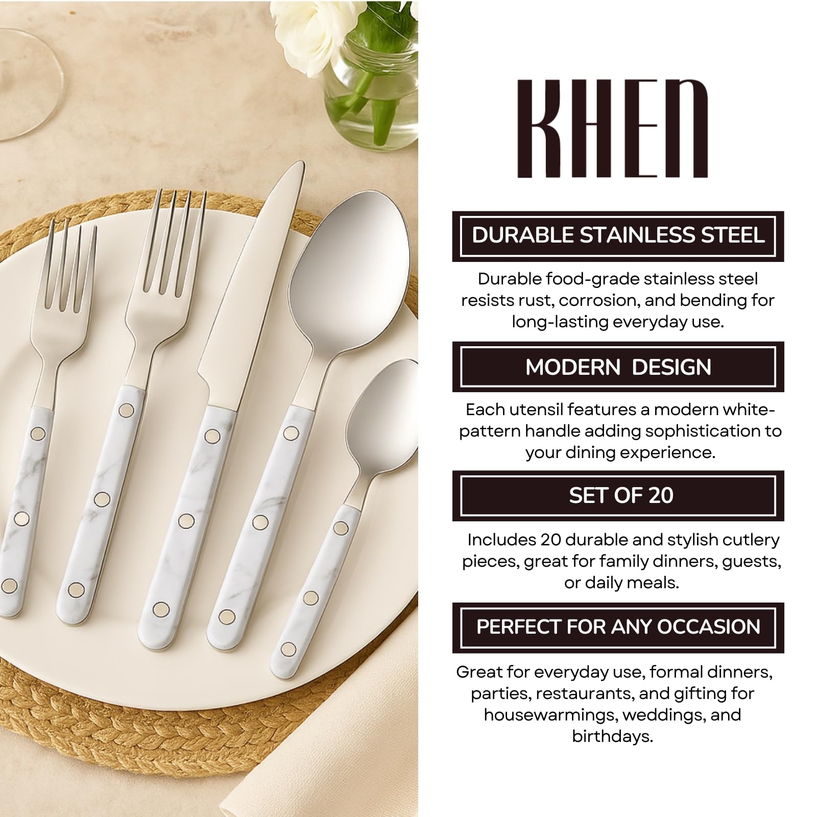 Khen 20-Piece Cutlery Set – Includes Dinner Knives, Forks, Spoons