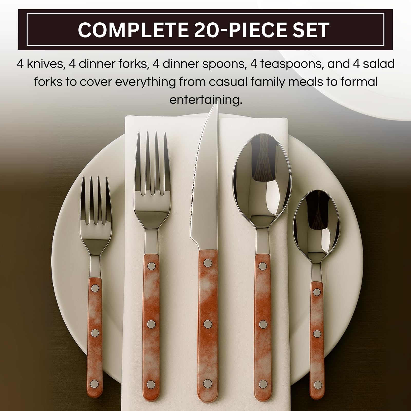 Khen 20-Piece Cutlery Set with Dinner Knives, Forks, Spoons, Salad Forks & Teaspoons