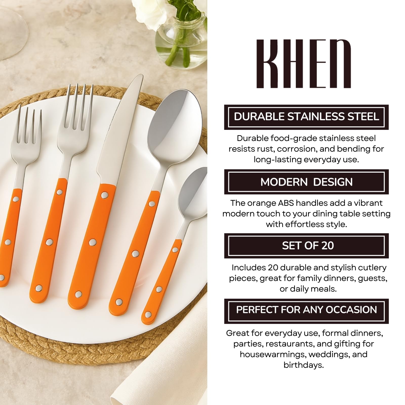 Khen 20-Piece Cutlery Set with Dinner Knives, Forks, Spoons, Salad Forks & Teaspoons