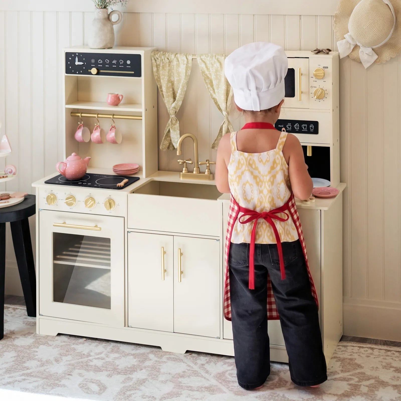 Tiny Land® Iconic Wooden Play Kitchen – Cream Pretend Cooking Set for Kids