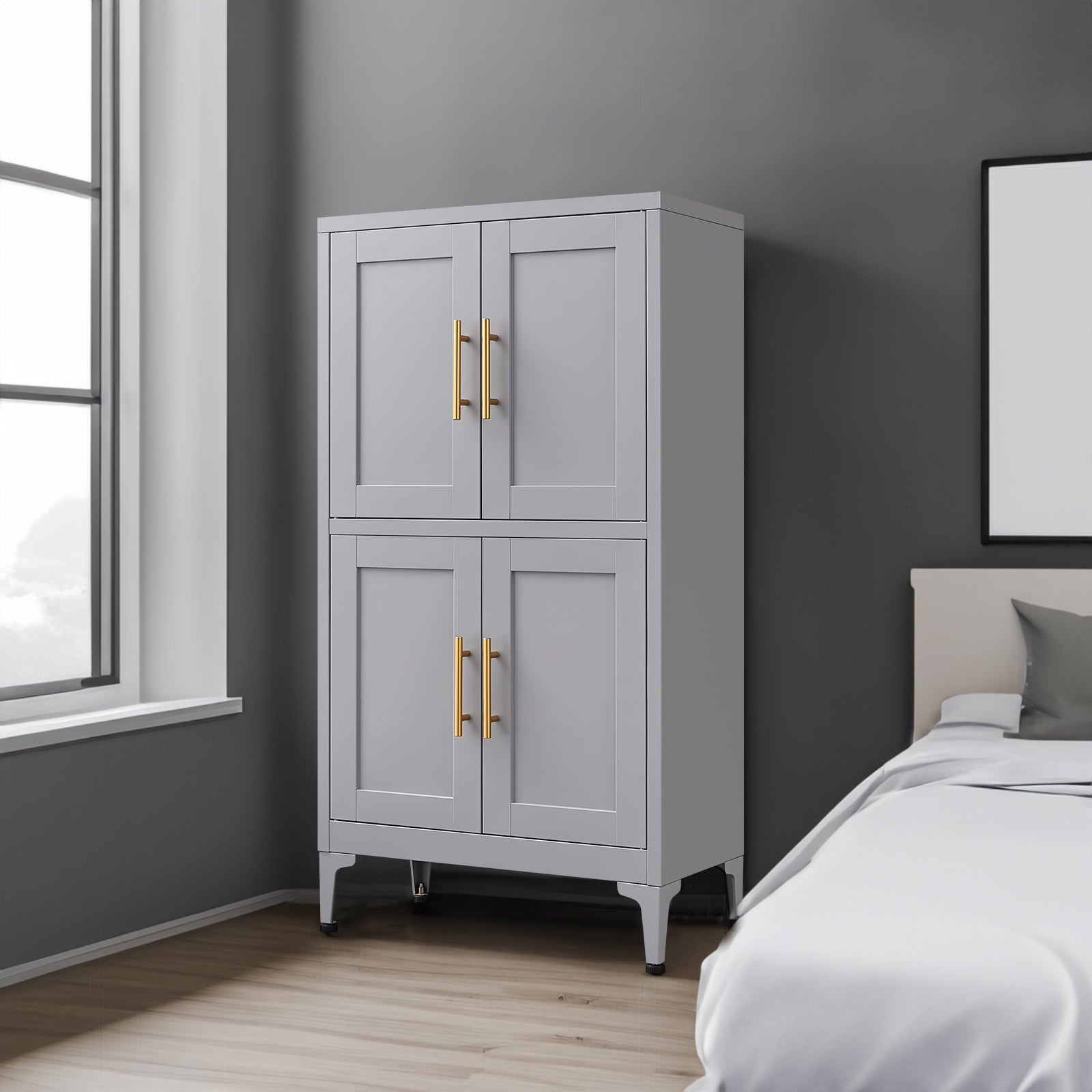 Grey metal kitchen storage cabinet, kitchen pantry storage cabinet