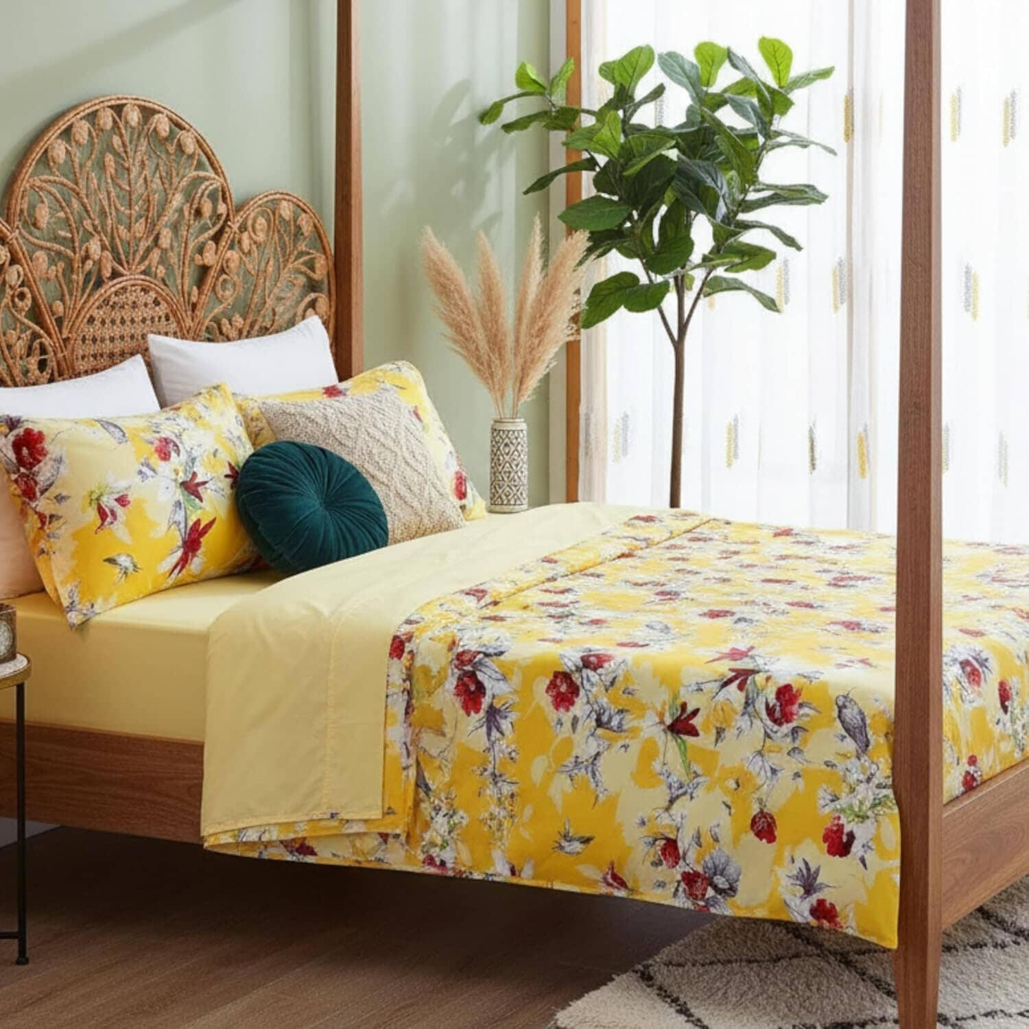 DaDa Bedding Sunshine Yellow Hummingbirds Floral Fitted & Flat Bed Sheets Set (JHW-925)