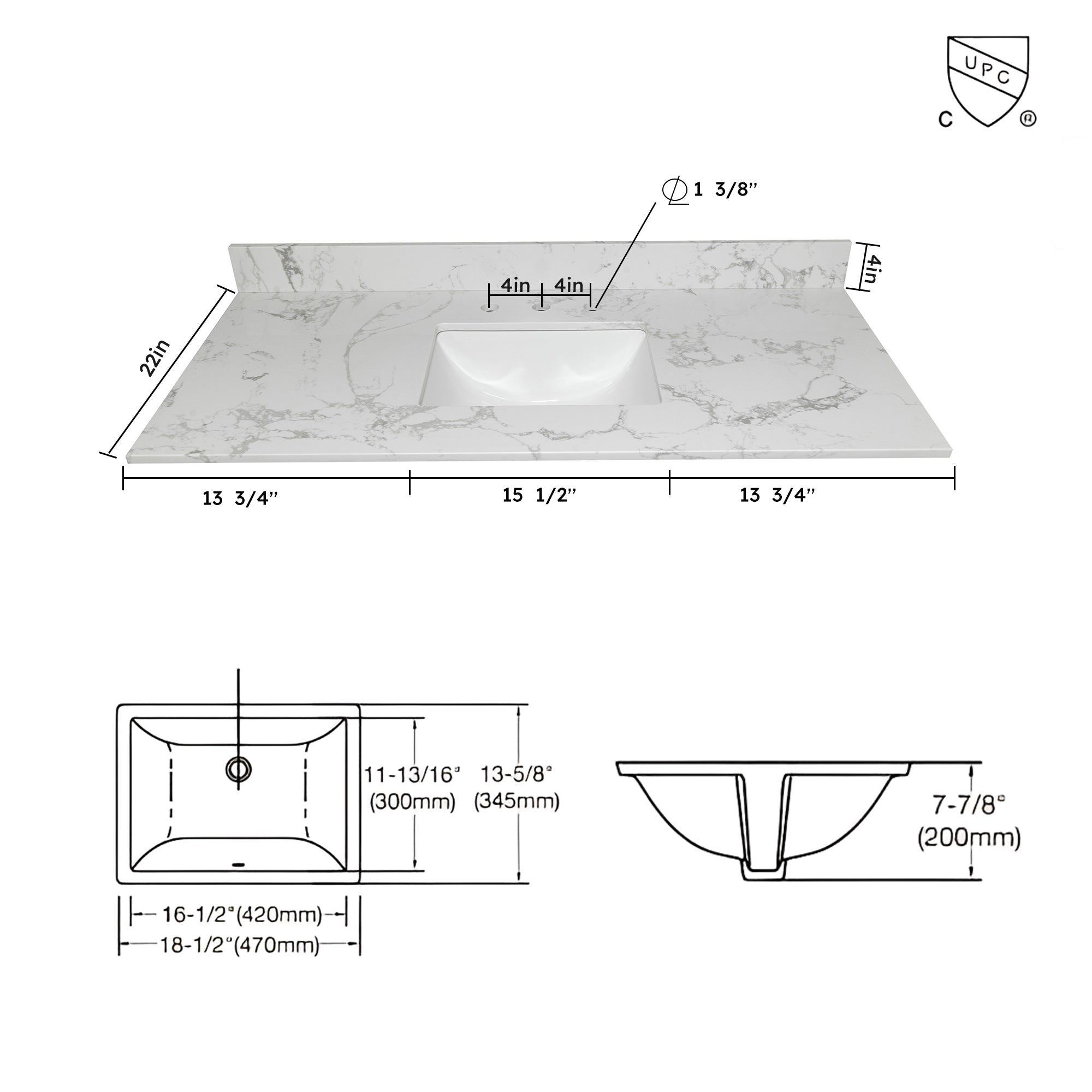 Montary 43x22 bathroom stone vanity top engineered stone carrara white marble color with rectangle undermount ceramic sink and 3 faucet hole with back splash