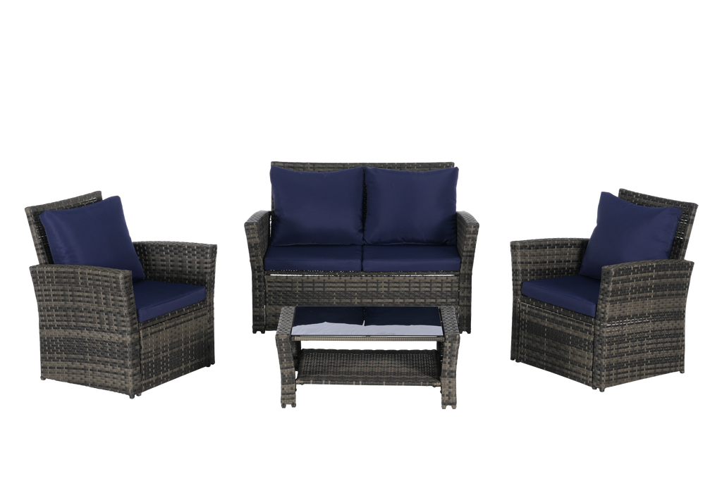 4 Pieces Outdoor Patio Furniture Set with Rattan Chairs and Tempered Glass Table
