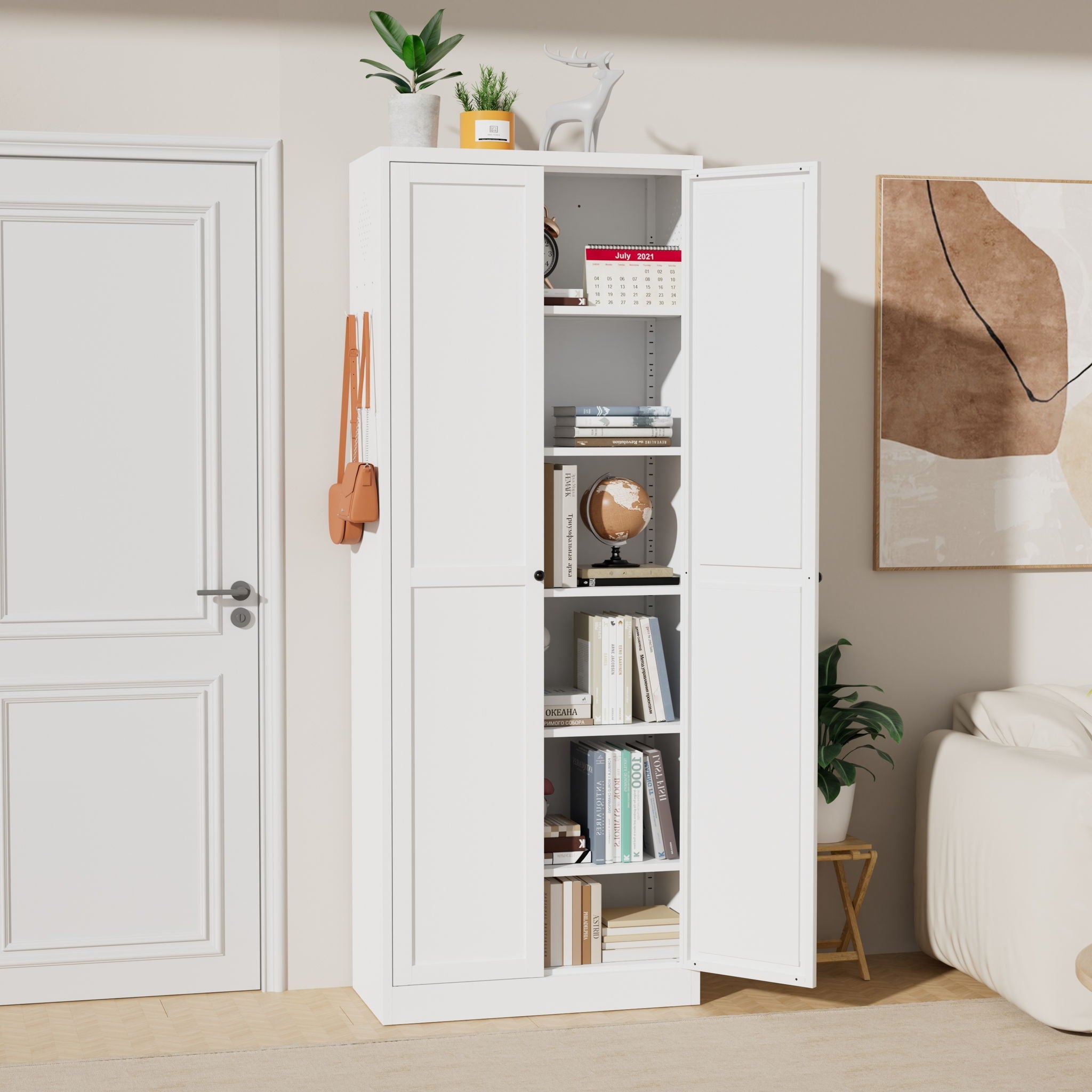 Kitchen Pantry Cabinet With Doors, Heavy-Duty Freestanding Storage Organizer With 5 Adjustable Shelves, Tool Free Assembly - White