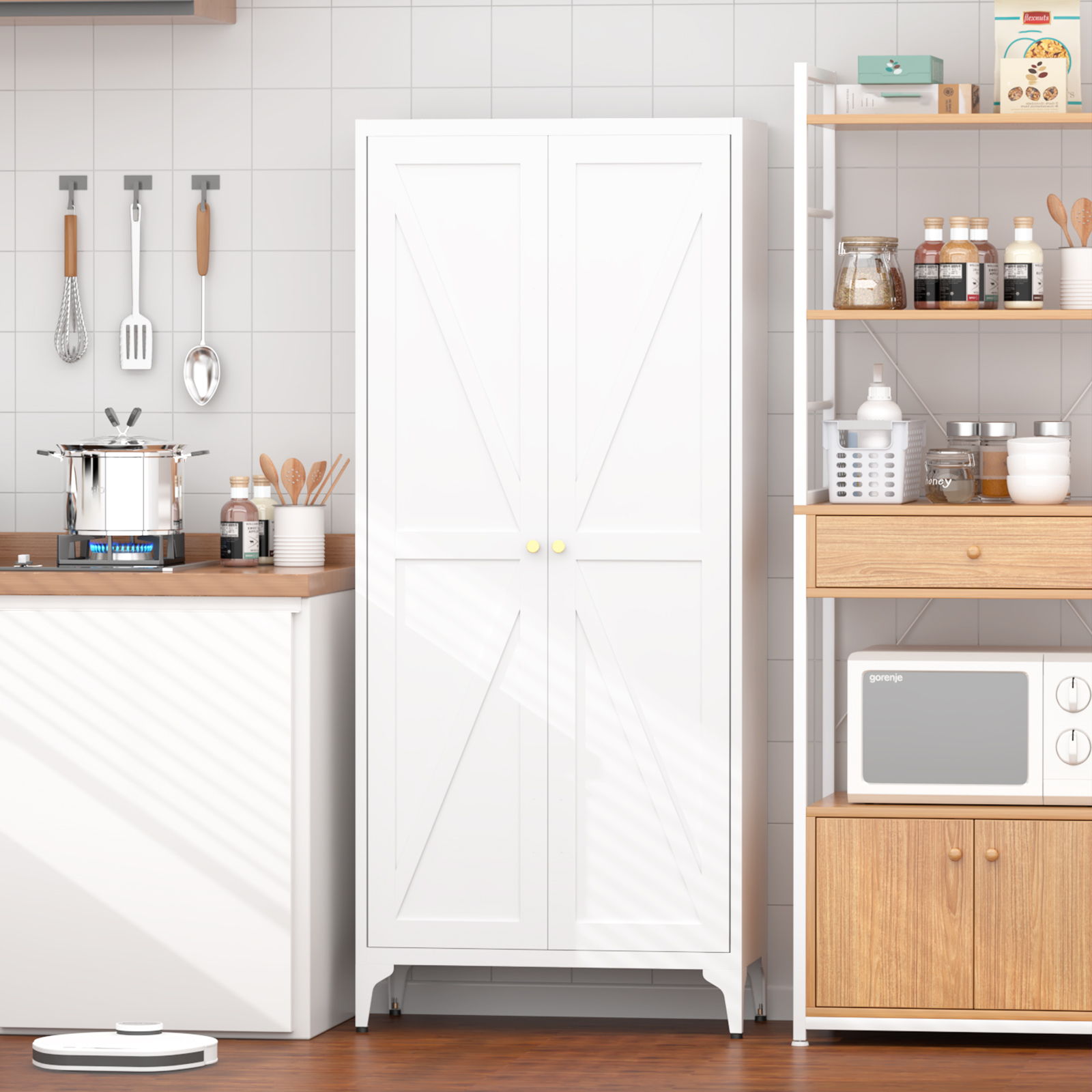 Adjustable 2 Door Kitchen Pantry Cabinet With Striped Design