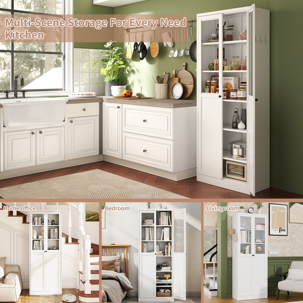Tall Metal Kitchen Pantry Cabinet With Adjustable Shelves And Silent Magnetic Doors - White