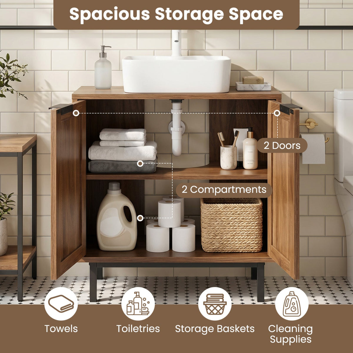 Bathroom Vanity Cabinet with Rattan Doors and U-Shaped Cut-Out