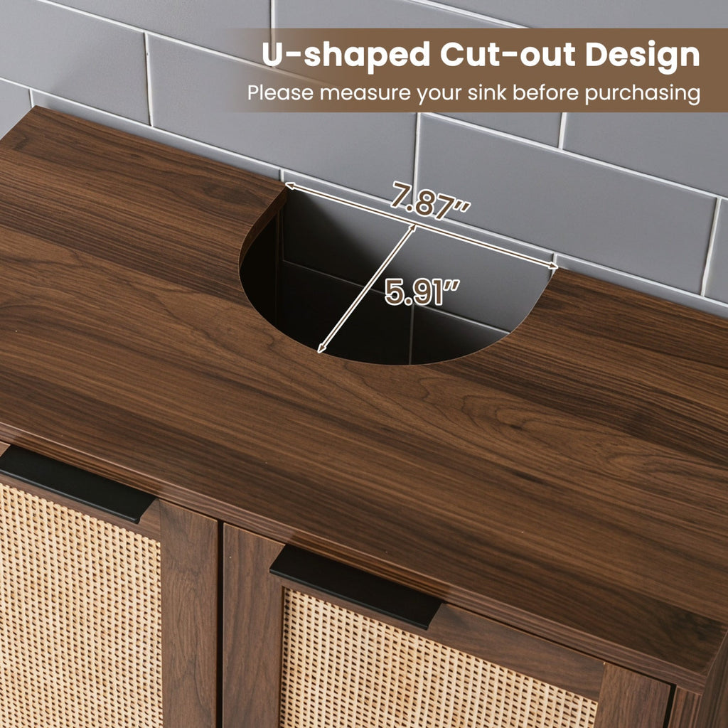 Bathroom Vanity Cabinet with Rattan Doors and U-Shaped Cut-Out