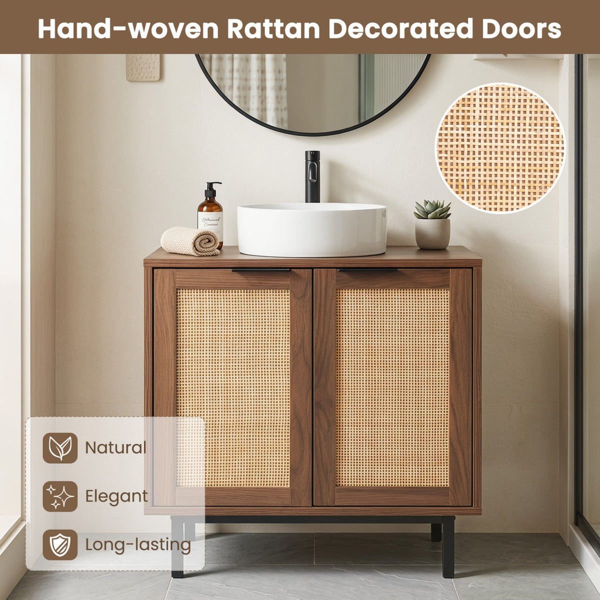 Bathroom Vanity Cabinet with Rattan Doors and U-Shaped Cut-Out