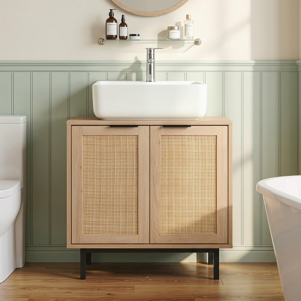 Bathroom Vanity Cabinet with Rattan Doors and U-Shaped Cut-Out