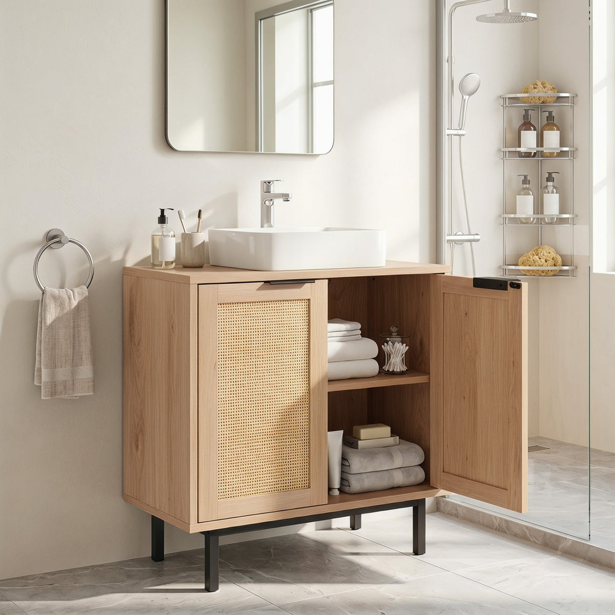 Bathroom Vanity Cabinet with Rattan Doors and U-Shaped Cut-Out