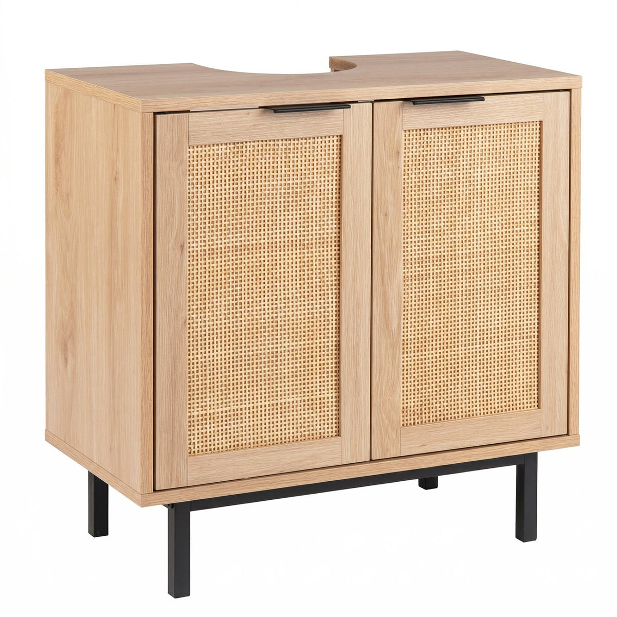 Bathroom Vanity Cabinet with Rattan Doors and U-Shaped Cut-Out