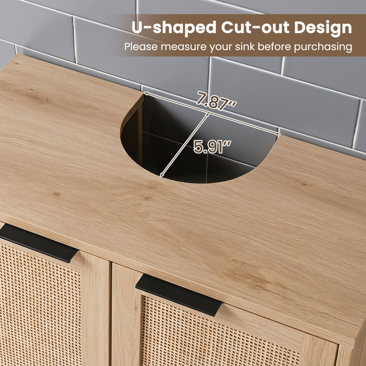 Bathroom Vanity Cabinet with Rattan Doors and U-Shaped Cut-Out