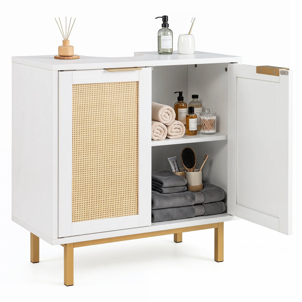 Bathroom Vanity Cabinet with Rattan Doors and U-Shaped Cut-Out