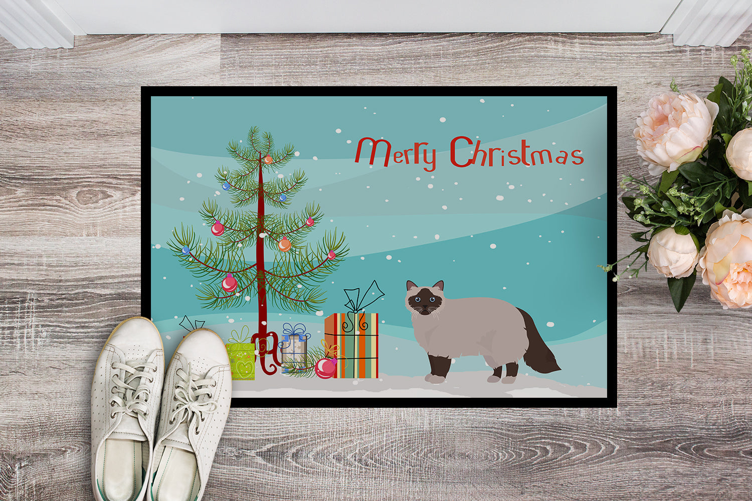 Birman Cat Merry Christmas Doormat - 24x36Indoor/Outdoor Rug with Artistic Flair