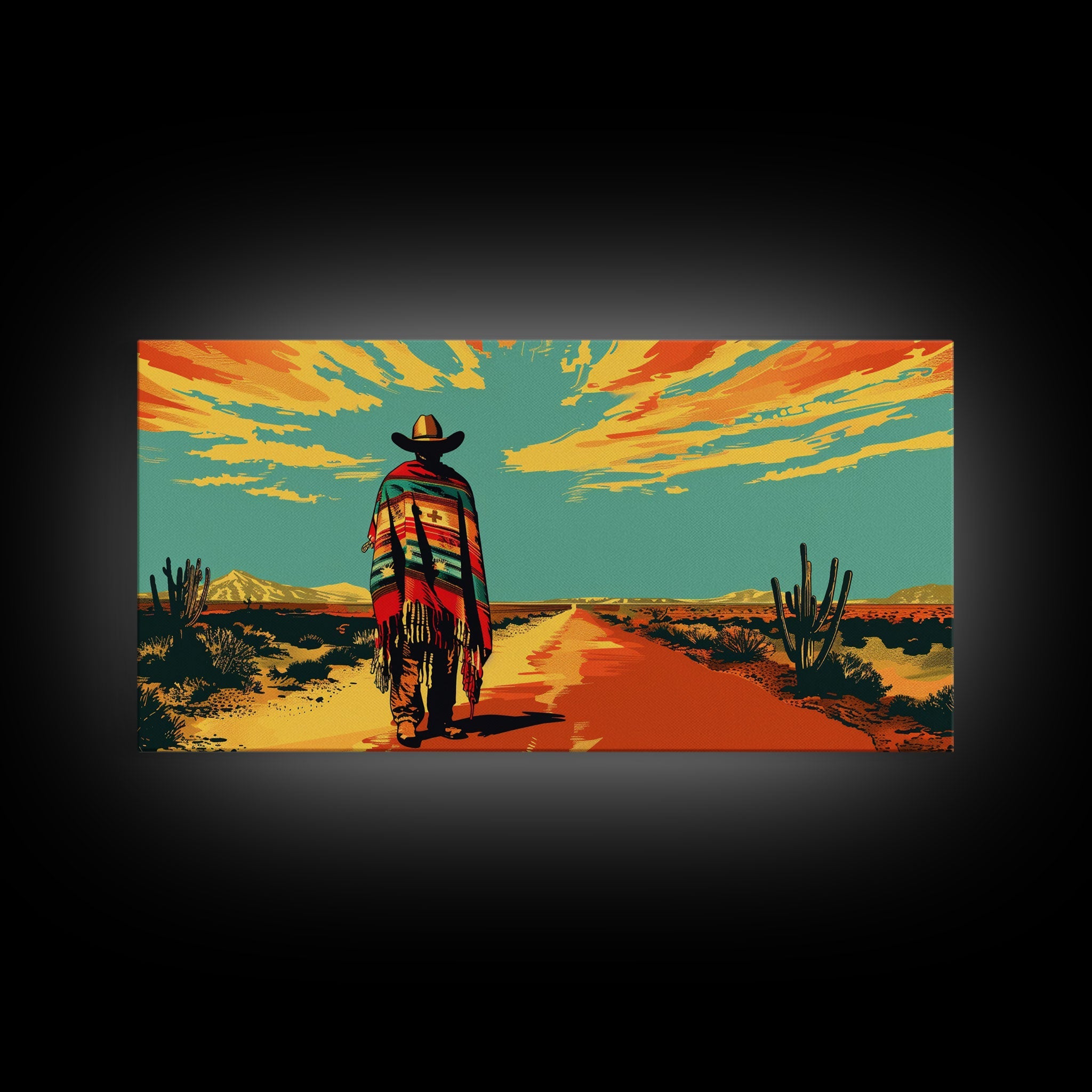 Lone Cowboy with Cactus in Desert, Perfect Living Room Art, Framed Canvas Print, Rustic Home Decoration, Boho Wall Art