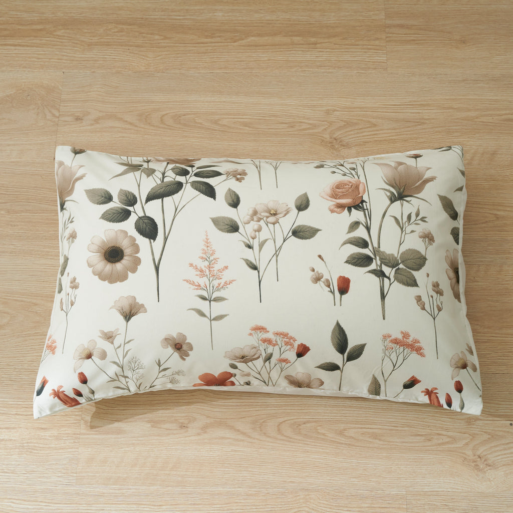 DaDalogy Enchanted Meadow Bed Sheet Set - Floral Harmony in Beige, Rose, and Soft Green, Premium Soft Microfiber, Machine Washable, Deep Pocket 14 - 15 Inches + Flat Sheet