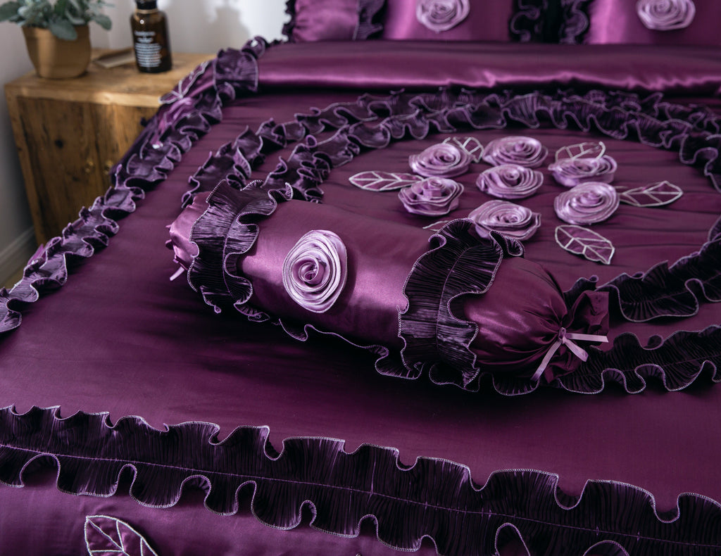 Tache Satin Ruffle Dark Purple Floral Midnight Bloom Comforter (BM-6438)