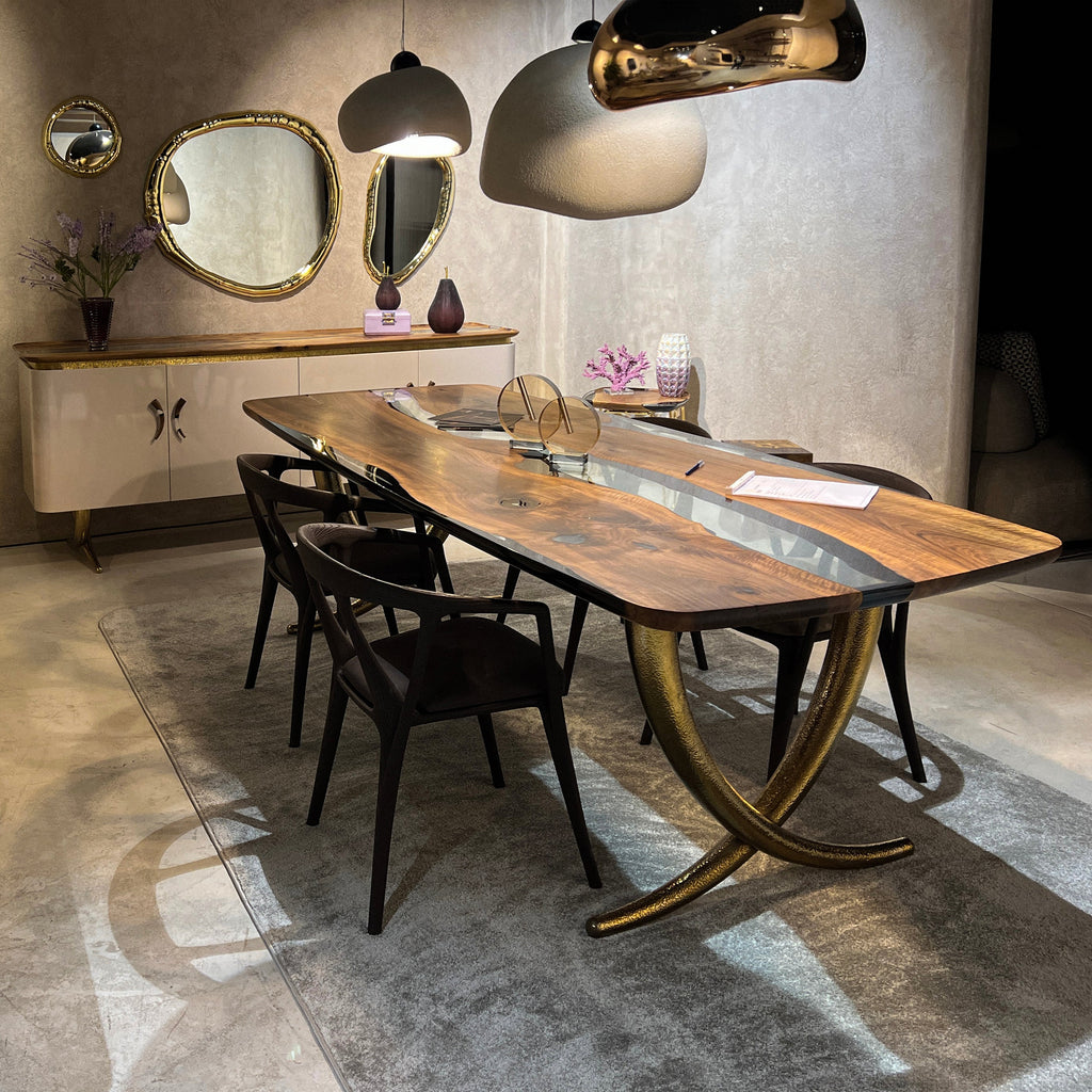 Luxurious Ivory Shaped Legs Epoxy Resin Dining Room Table