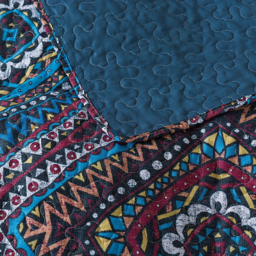 DaDa Bedding Farmhouse Bohemian Native Rustic Navy Blue Geometric Diamond Shapes Bedspread Set (KSX-001)
