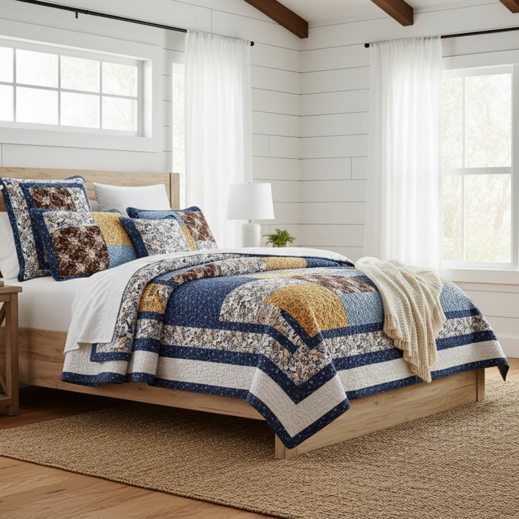 Tache Prairie Sunset White Blue Yellow Brown Floral Cotton Patchwork Quilt Set (JHW-887)