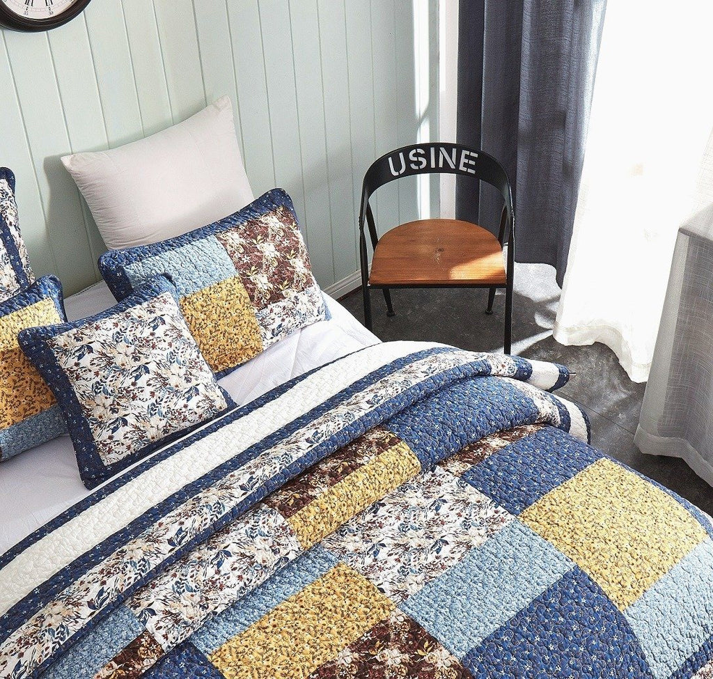 Tache Prairie Sunset White Blue Yellow Brown Floral Cotton Patchwork Quilt Set (JHW-887)