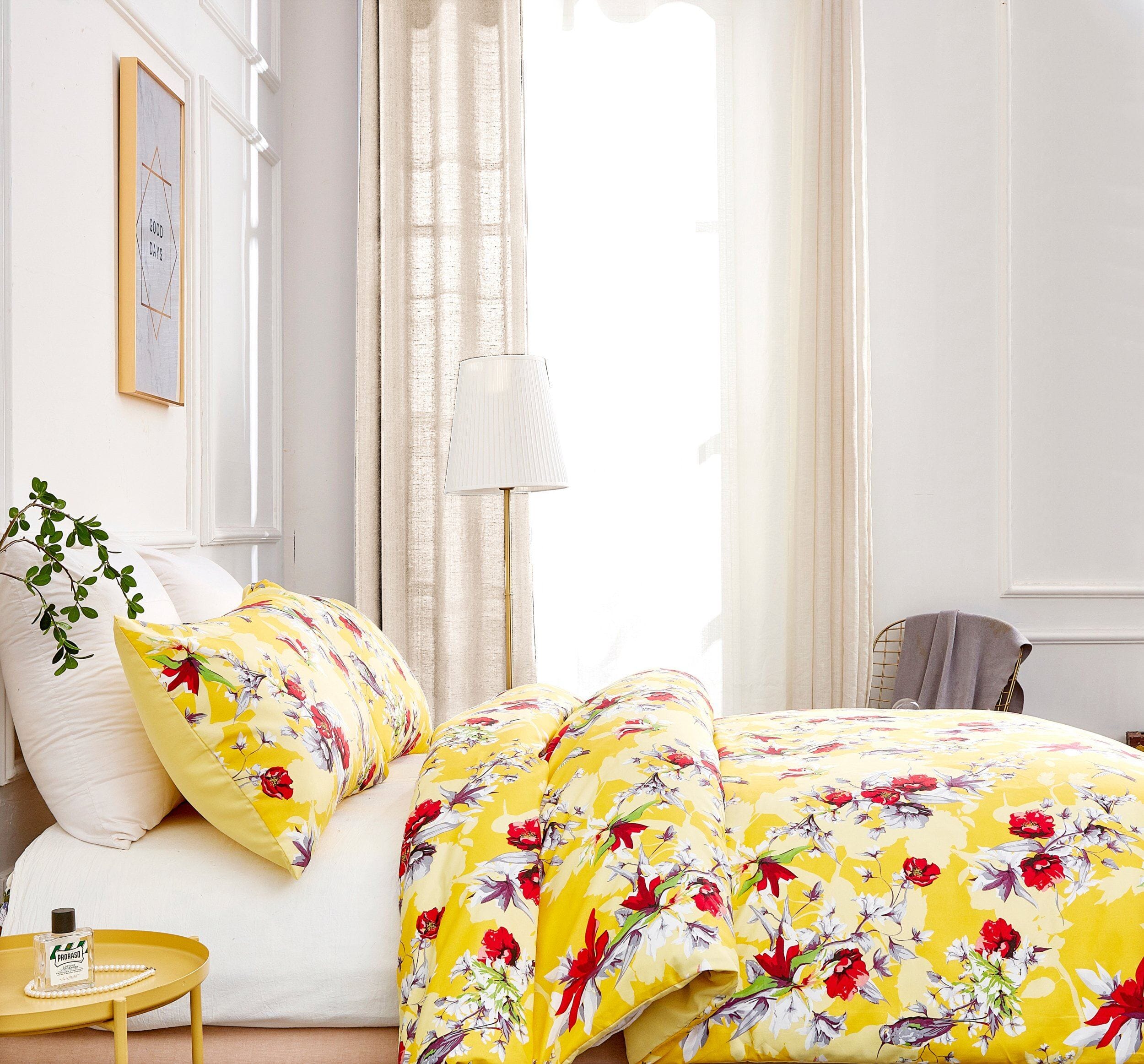 DaDa Bedding Sunshine Yellow Hummingbirds Floral Duvet Cover & Fitted Flat Bed Sheets Set w/ Pillow Cases Window Valances (925)