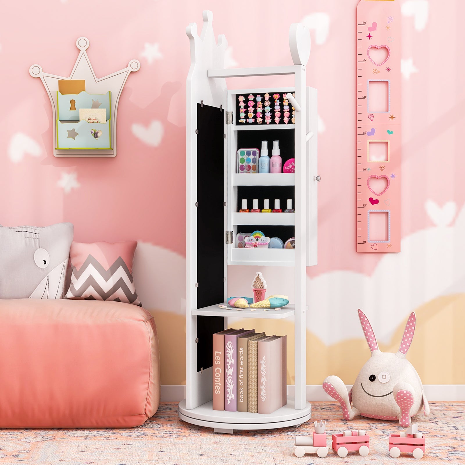 Kids Room Furniture Set Princess Vanity Table and Stool Set with Mirror and Drawer-White