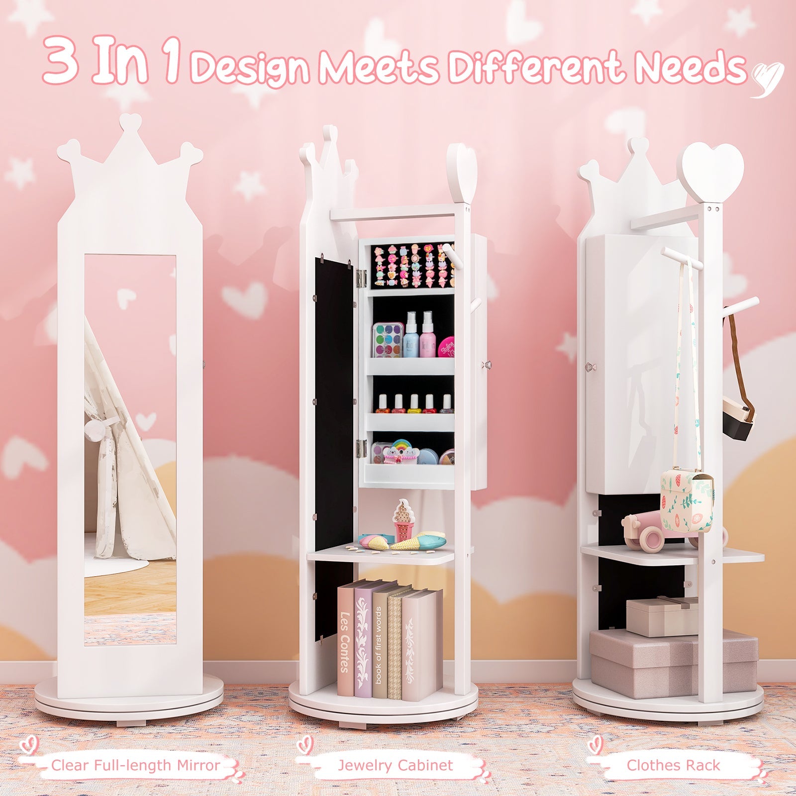 Kids Room Furniture Set Princess Vanity Table and Stool Set with Mirror and Drawer-White