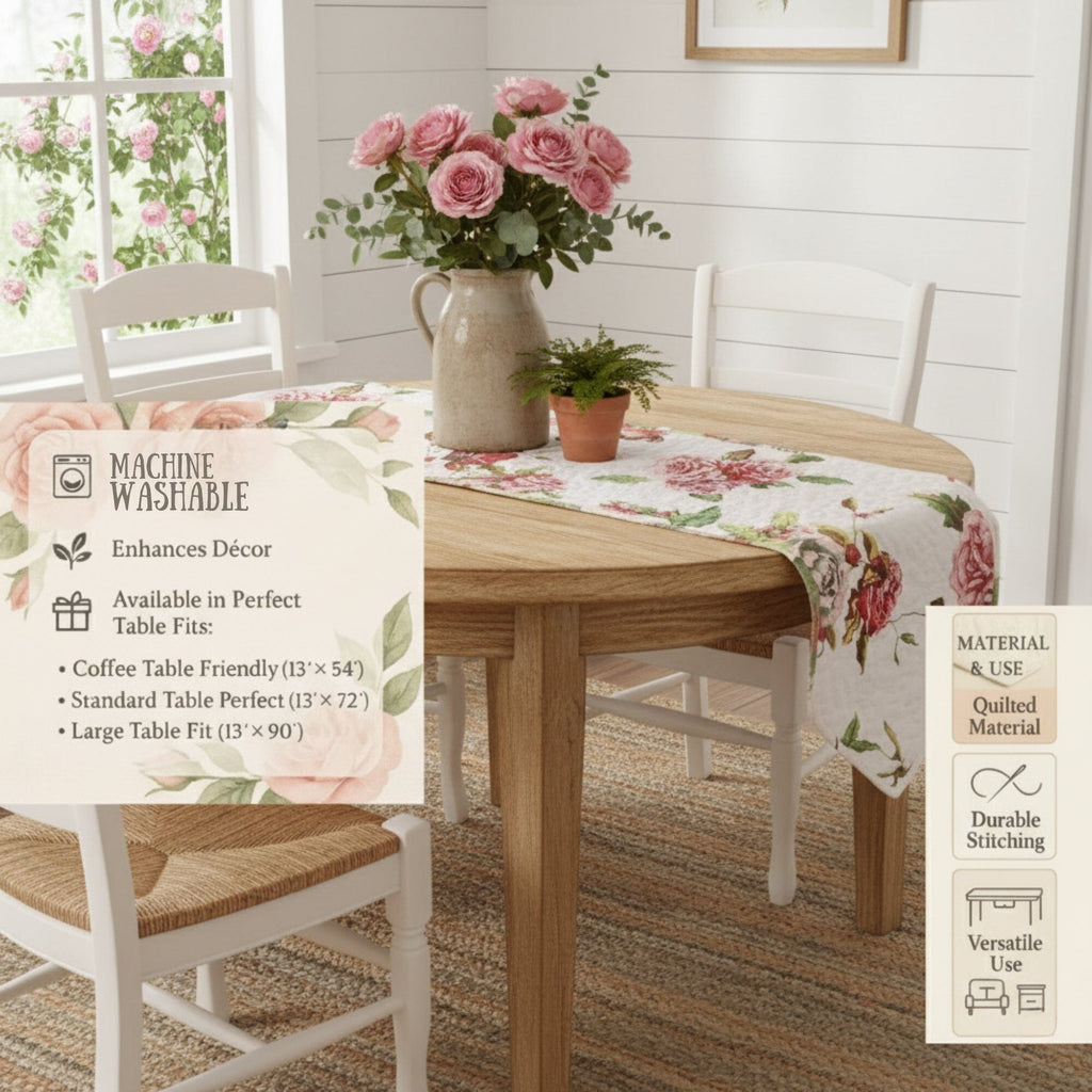 DaDa Bedding Romantic Roses Pink White Lovely Floral Quilted Dining Table Runner (879)