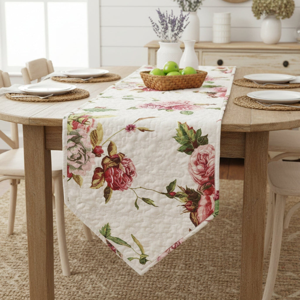 DaDa Bedding Romantic Roses Pink White Lovely Floral Quilted Dining Table Runner (879)