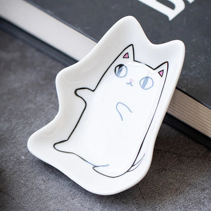 Japanese Ceramic Cat Incense Tray and Sauce Dish | Cute Animal Seasoning Plate for Kitchen