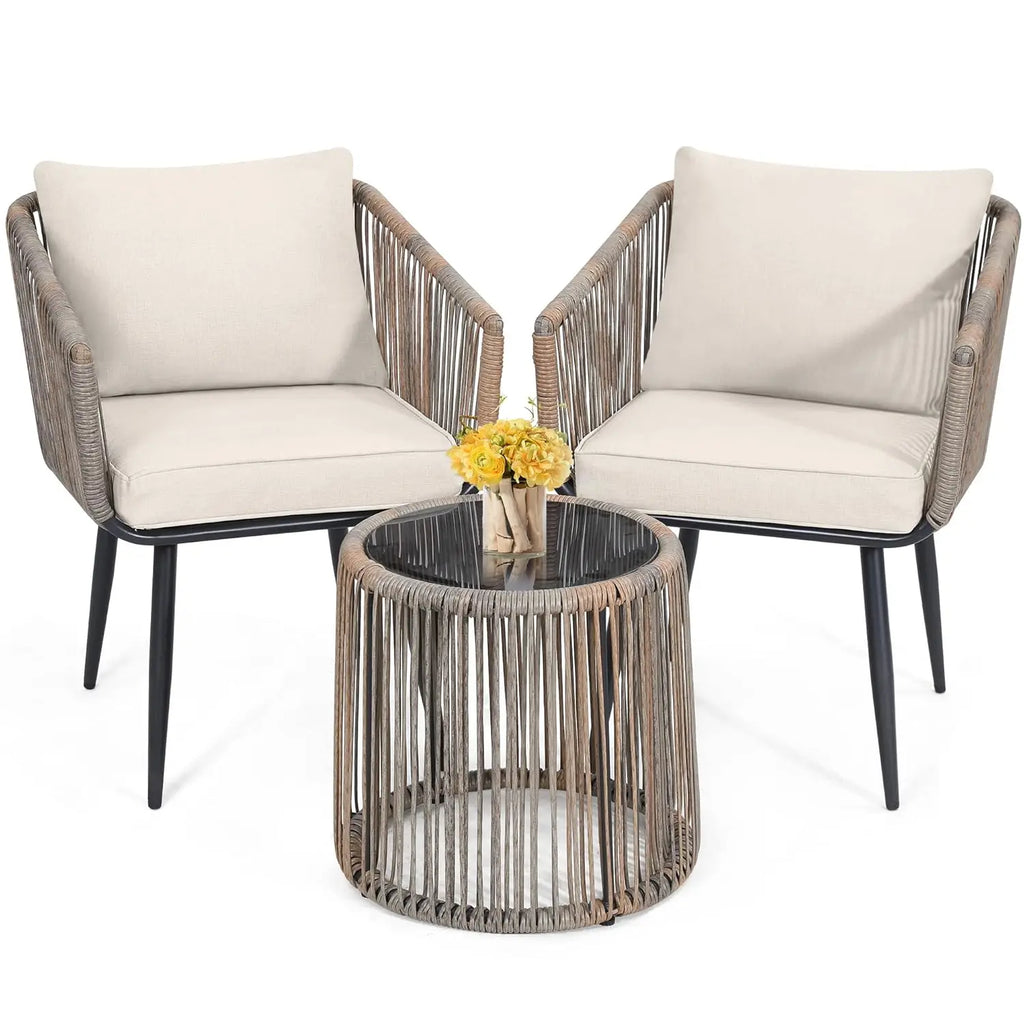 4 Piece Patio Bistro Outdoor Furniture Set, Wicker Sofa, 2 Rattan Chairs, and Table, Backyard Conversation Set, All, Customized