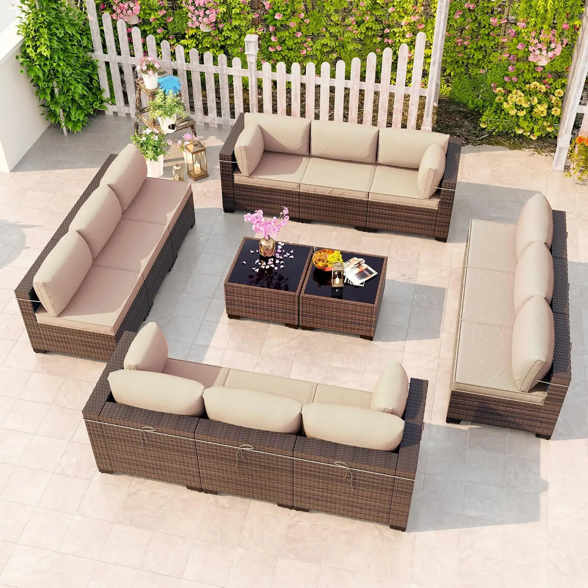 12 Piece Patio Furniture Set, Outdoor Wicker Sectional Sofa