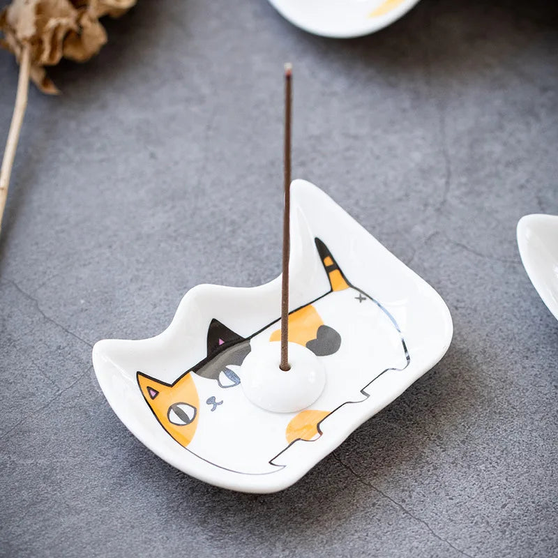 Japanese Ceramic Cat Incense Tray and Sauce Dish | Cute Animal Seasoning Plate for Kitchen