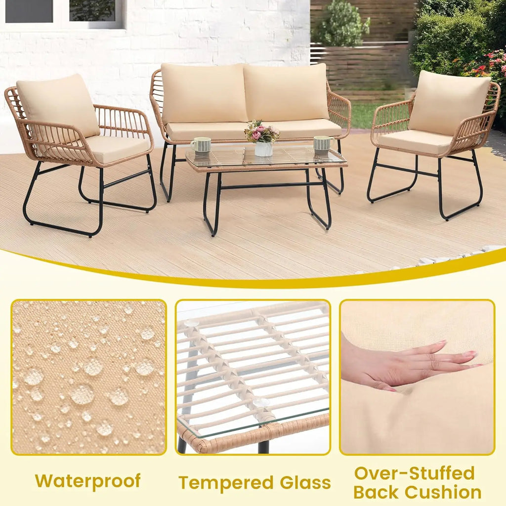 4 Piece Patio Bistro Outdoor Furniture Set, Wicker Sofa, 2 Rattan Chairs, and Table, Backyard Conversation Set, All, Customized