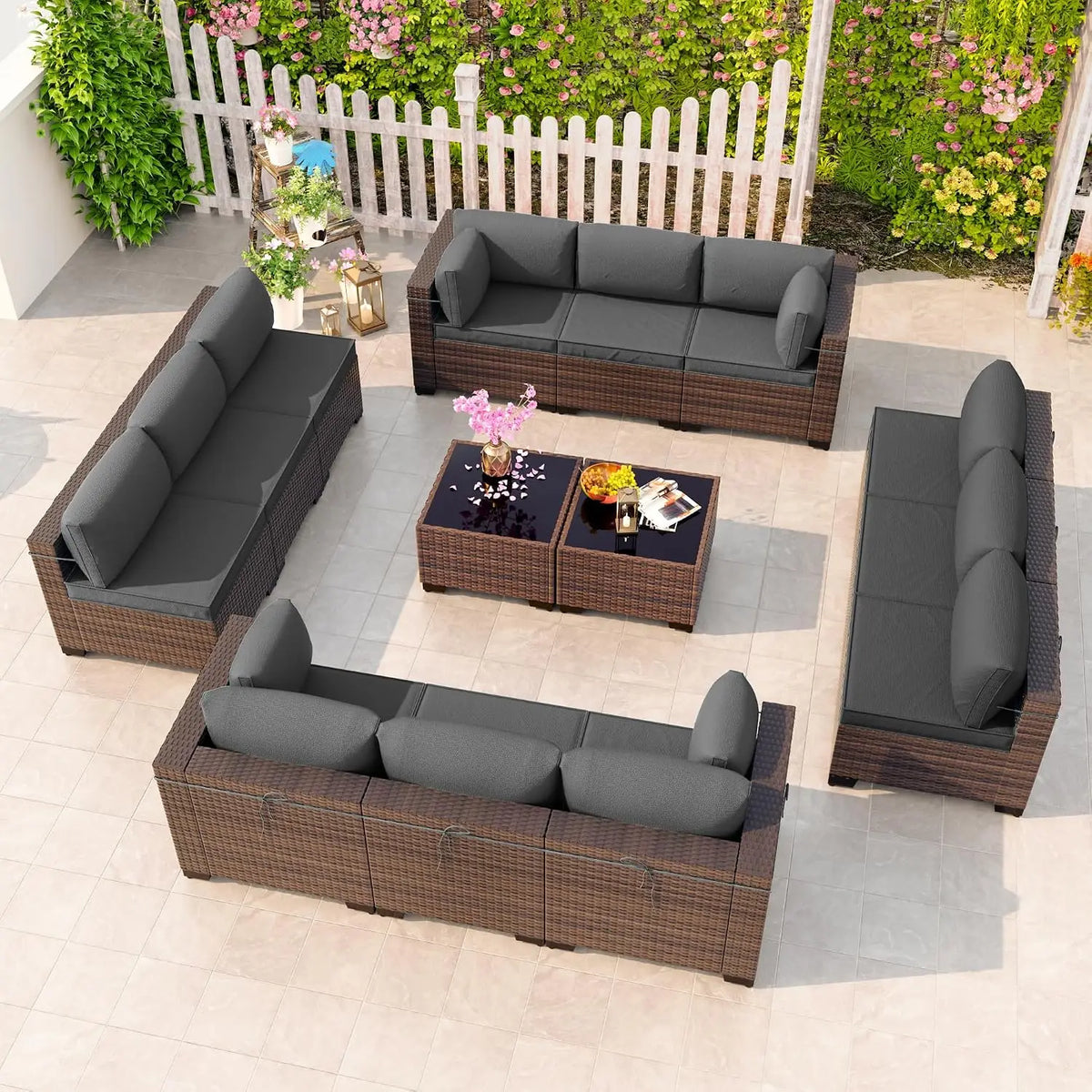 12 Piece Patio Furniture Set, Outdoor Wicker Sectional Sofa