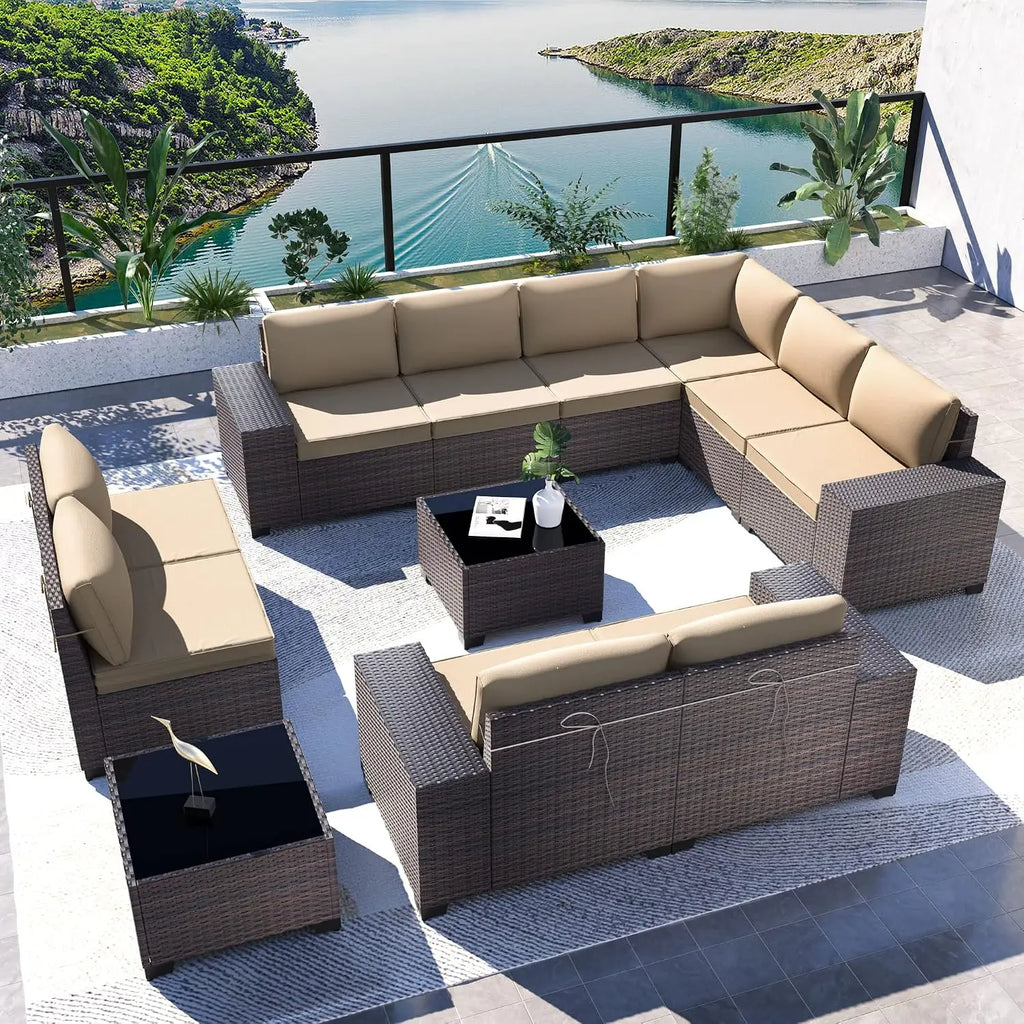 12 Piece Patio Furniture Set, Outdoor Wicker Sectional Sofa