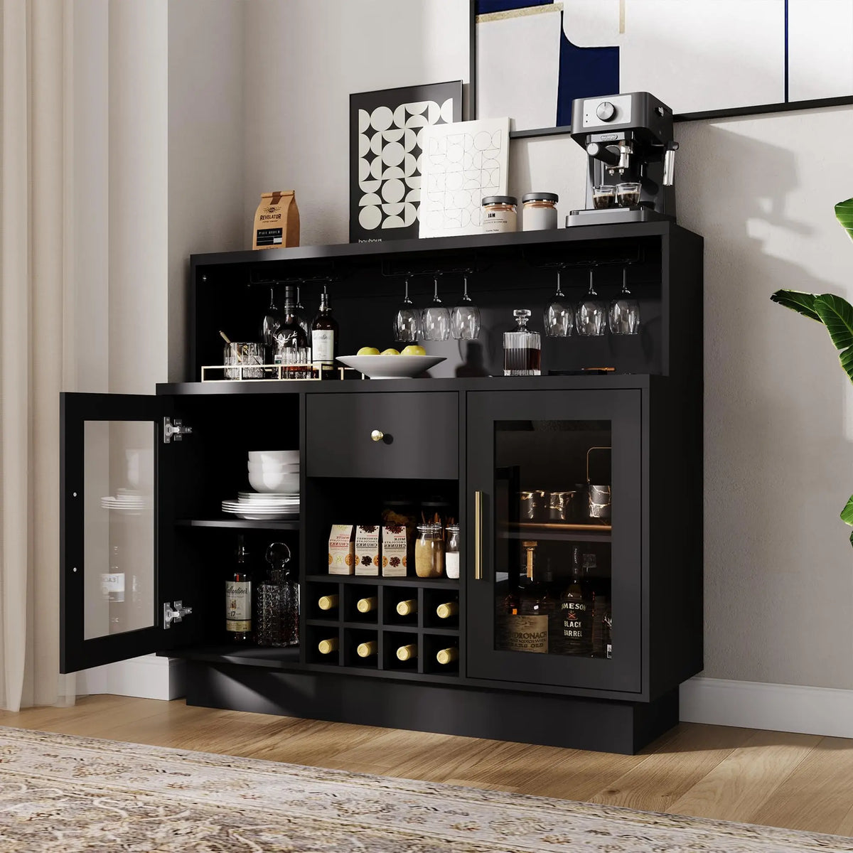 47" LED Wine Bar Cabinet With Glass Doors, 8 Bottle Rack, 15 Glass Holder, Drawers & Charging Station For Dining Room Kitchen