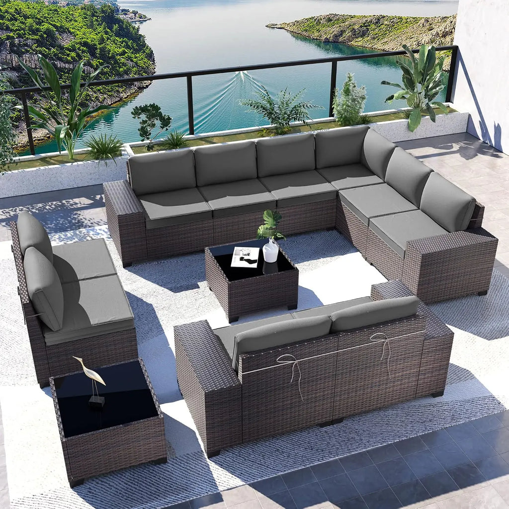 12 Piece Patio Furniture Set, Outdoor Wicker Sectional Sofa